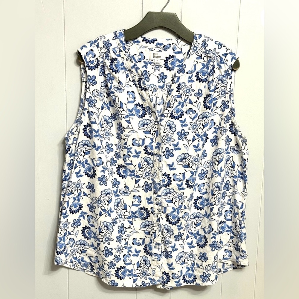Kim Rogers Linen Blend Blue and White Floral Blouse